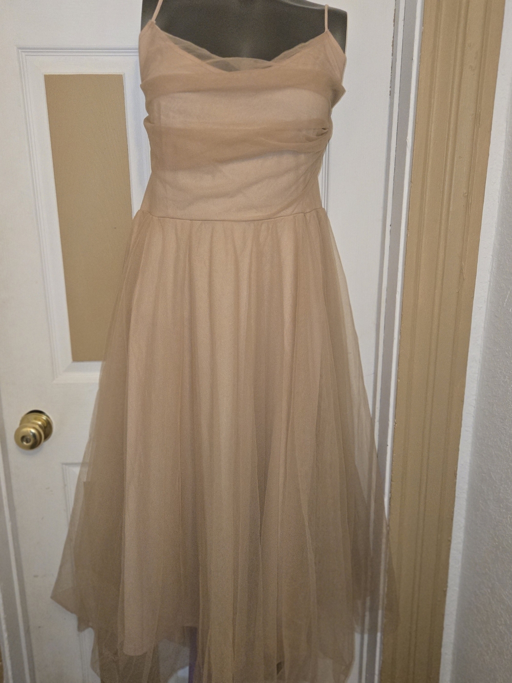 Spaghetti-Strap Tulle Formal Midi Dress in Nude